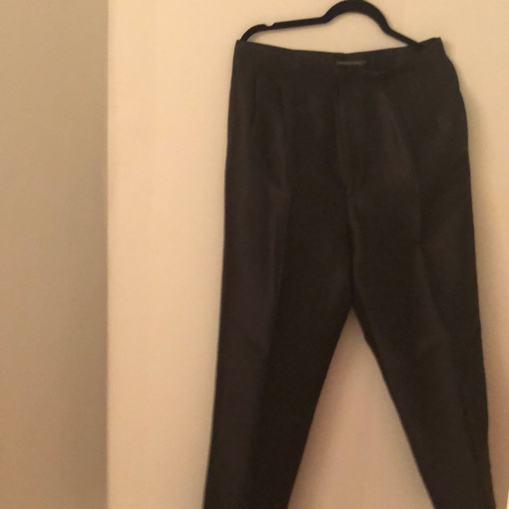 Black shantung silk tapered dress pants.
